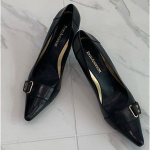 Enzo Angiolini Black Leather Pumps with Goldtone Buckle